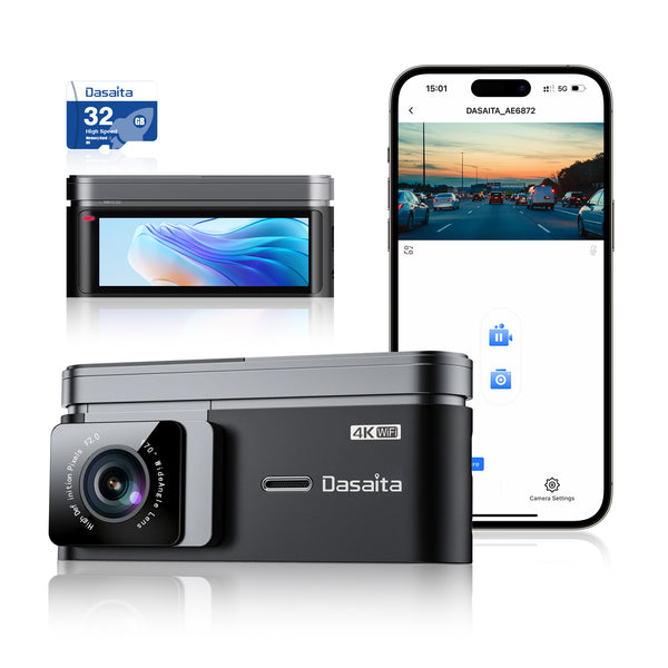 Dasaita Dash Cam Front Rear, 4K Full HD Dash Camera for Cars, Free 32GB Card, Built-in Wi-Fi GPS, 3.2” Screen, Night Vision, 170°Wide Angle, WDR, 24H Parking Mode DAS-U3
