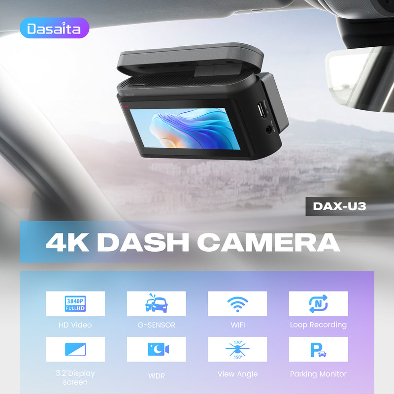 Dasaita Dash Cam Front Rear, 4K Full HD Dash Camera for Cars, Free 32GB Card, Built-in Wi-Fi GPS, 3.2” Screen, Night Vision, 170°Wide Angle, WDR, 24H Parking Mode DAS-U3