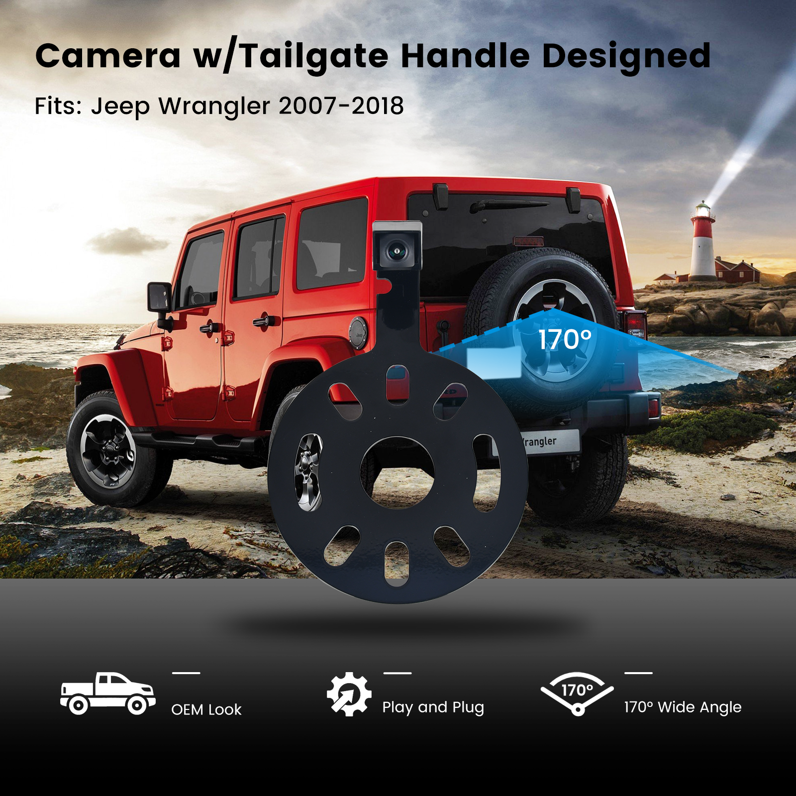 Dasaita Backup Camera for Jeep Wrangler 2007-2018 Spare Tire Mount, Rear View Aftermarket Camera for JK JKU Rubicon Sahara Sport Unlimited w/Wiring Harness, 170°Wide Angle, IP68 Waterproof, Guidelines