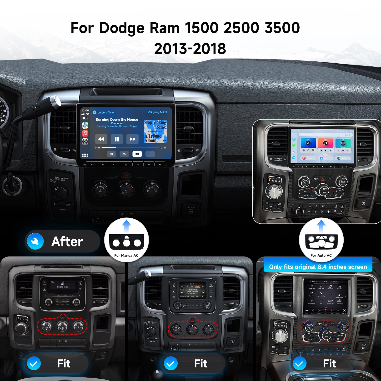 Dasaita Android 13 2013-2024 Dodge RAM 1500/2500/3500 Android Head Unit | 10.2" Touchscreen Radio with Auto/Manual AC Frame & Wireless CarPlay