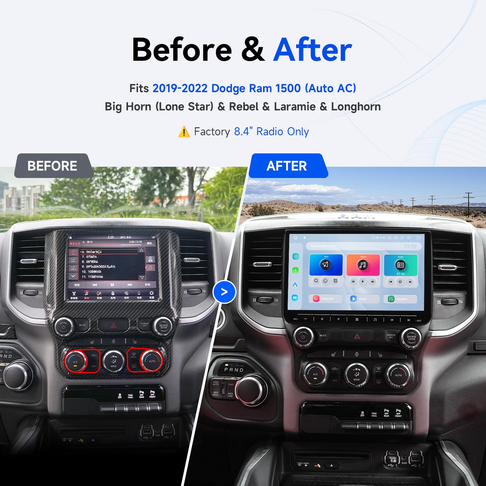 Dodge Ram 1500 2019-2022 Radio Upgrade Before and After – Dasaita Android Stereo Replaces Factory 8.4" Unit for Big Horn Rebel Laramie Longhorn