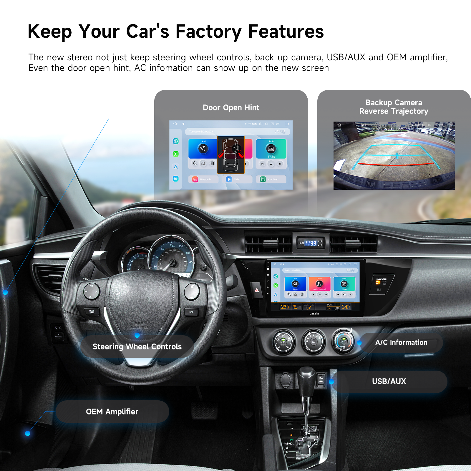 Dasaita Android 13 Car Stereo for Toyota Corolla 2014-2016 with Wireless CarPlay Android Auto 10.2 10.33 Inch Touchscreen GPS Navigation Bluetooth