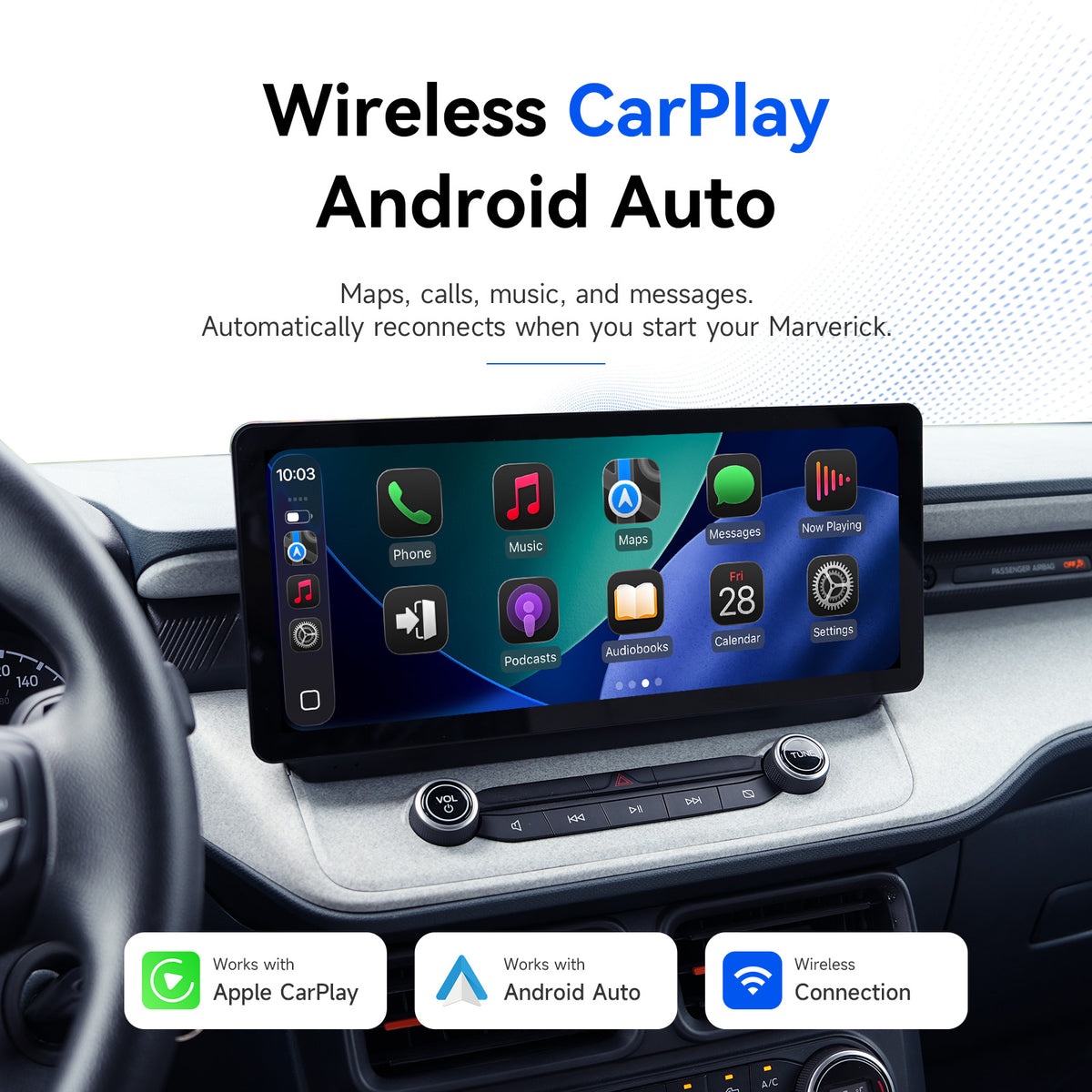 Wireless Apple CarPlay and Android Auto on Ford Maverick aftermarket stereo – no cable needed