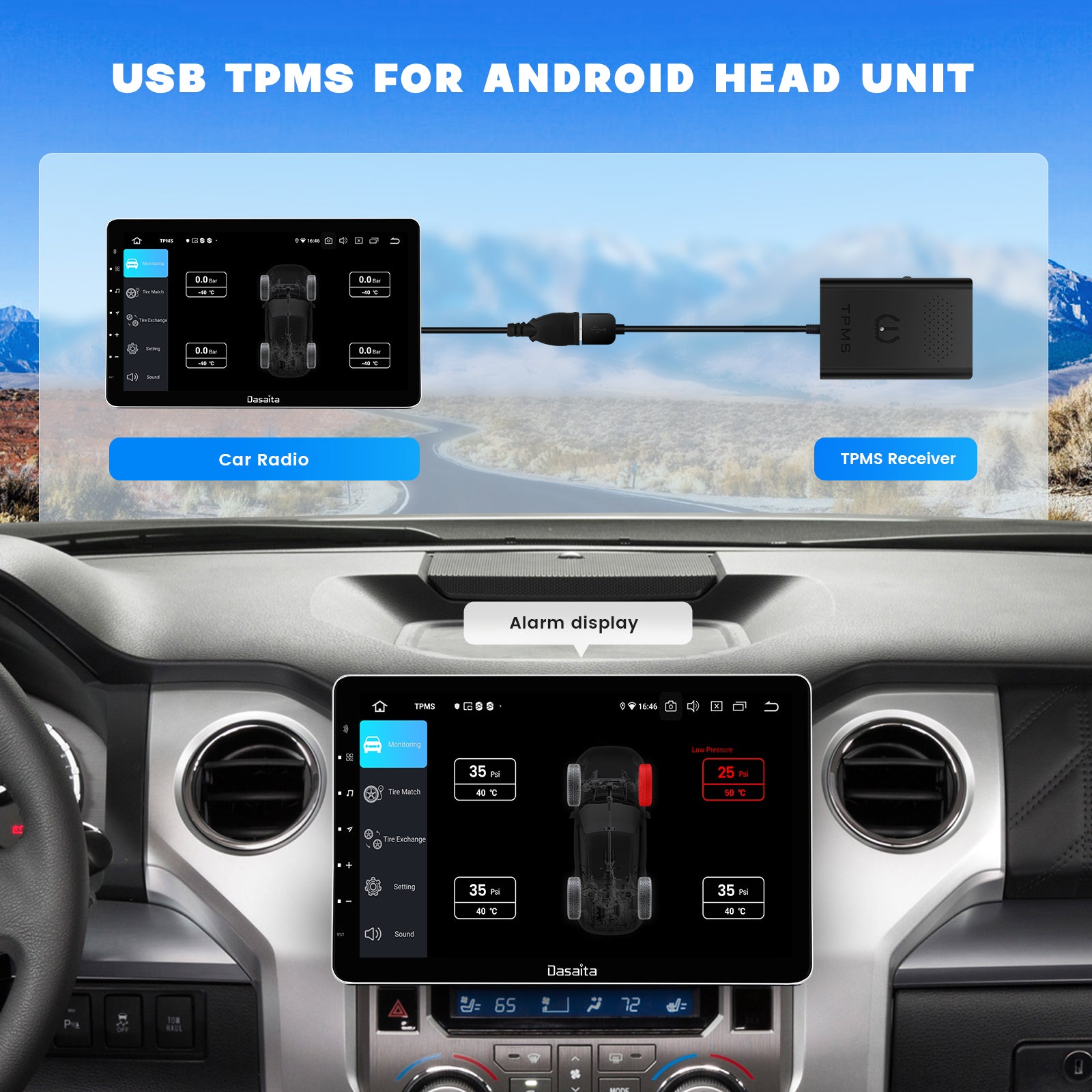 Dasaita USB TPMS APP good quality Car Tire Pressure Monitoring Sensor external system real time for Android car stereo player Accessory
