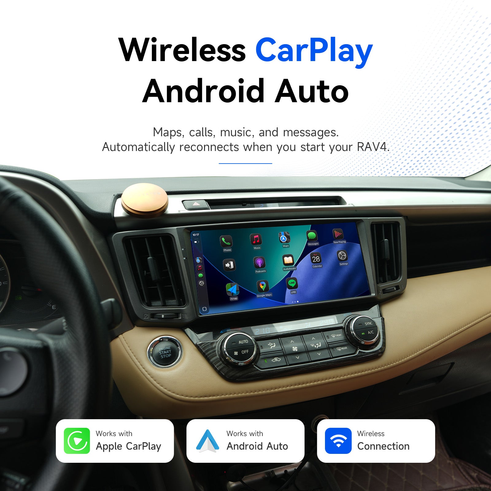 Dasaita G13 wireless Apple CarPlay and Android Auto on Toyota RAV4 2013-2018 dashboard
