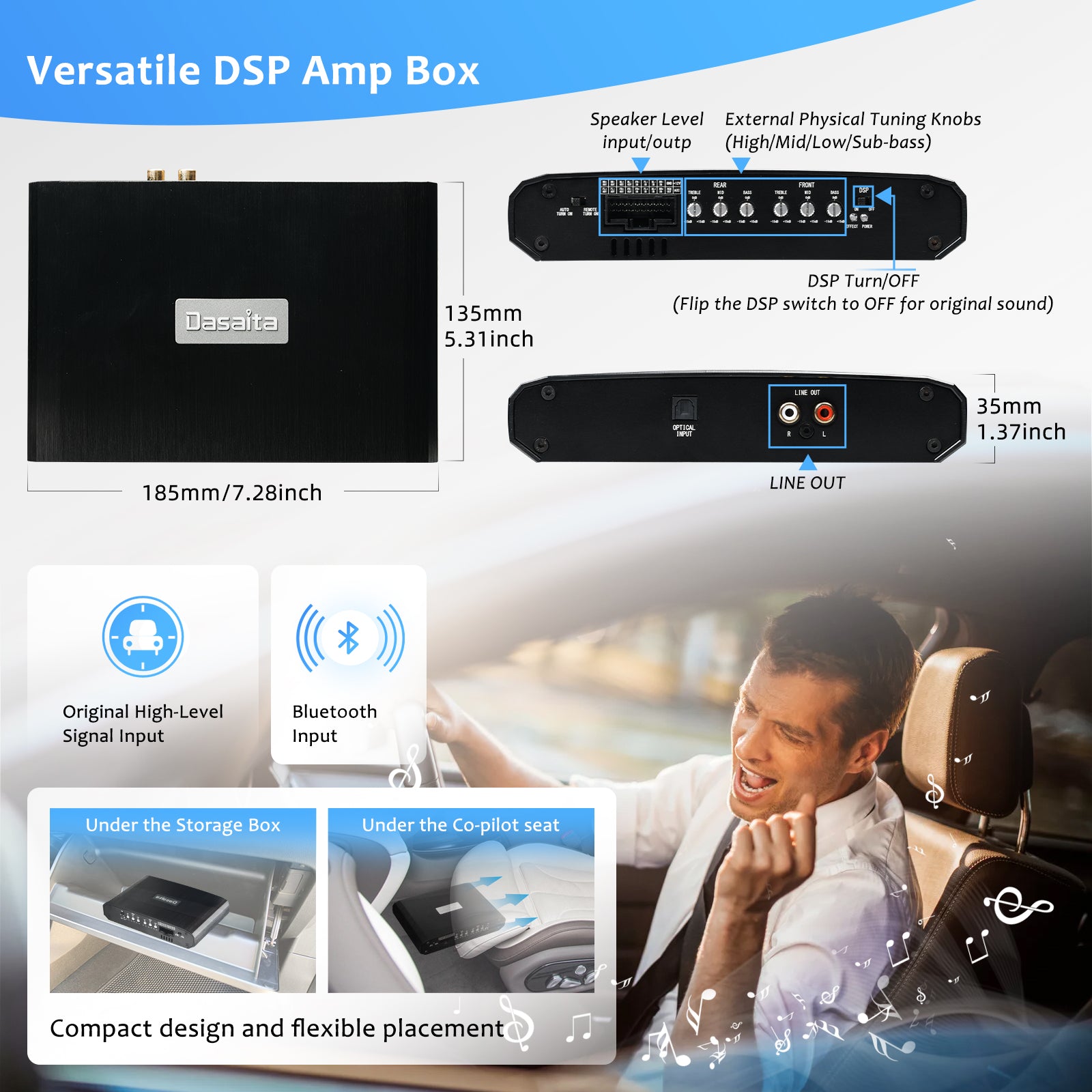 Dasaita HA-ST5 Plug & Play 4-Channel Car DSP Amplifier - High Power, Bluetooth Audio, Extreme Temp Resistance, Customizable Sound for Premium In-Car Audio