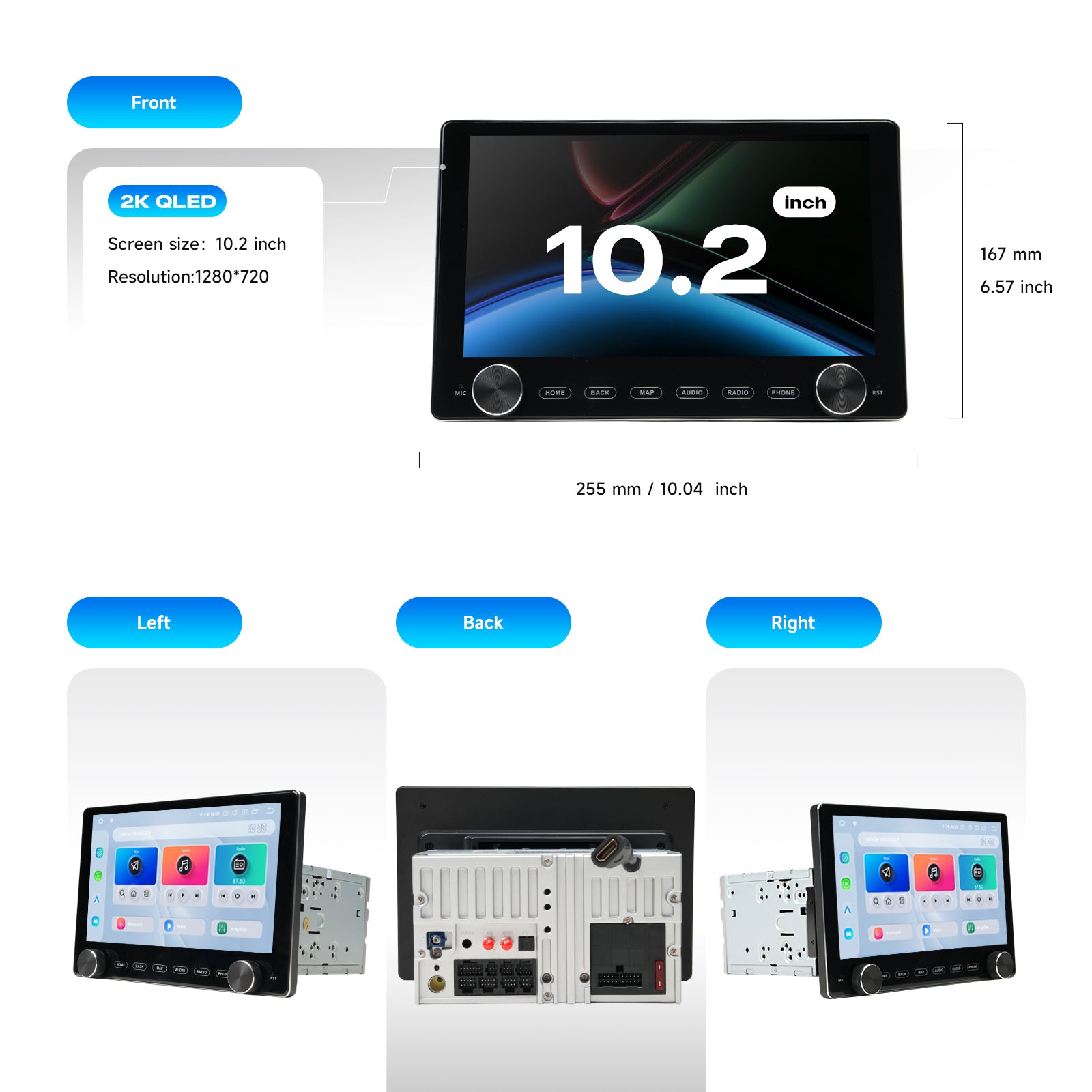 Dasaita 10.2" Universal Double Din Car Stereo with Rotary Knobs | Wireless CarPlay Android Auto | Android 13 Head Unit | QLED Touchscreen | GPS Navigation | 6G+64G/8G+256G | DTS Audio