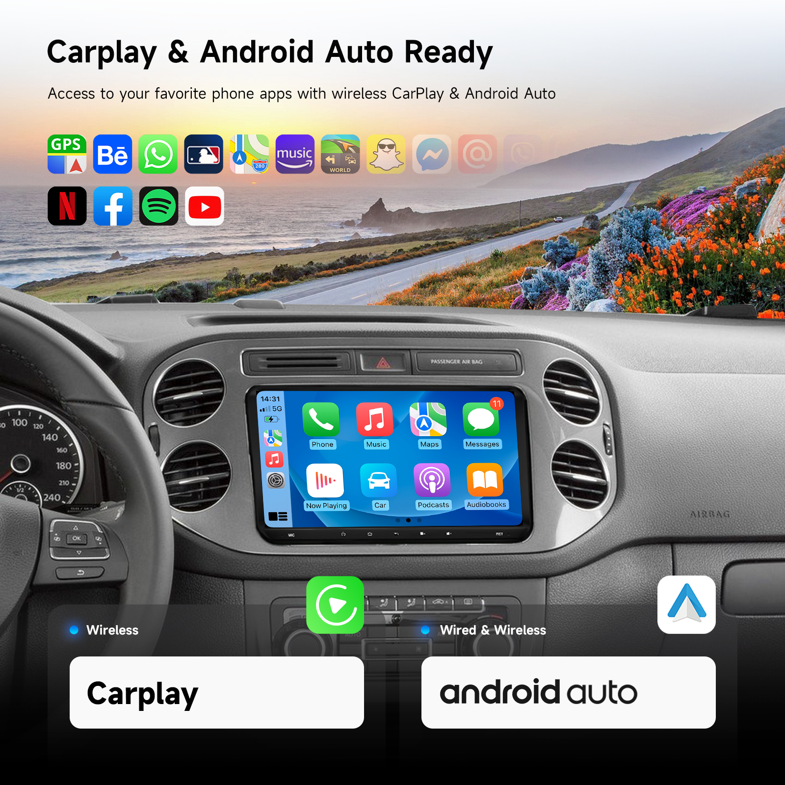 Dasaita Android 13 Car Stereo for VW Volkswagen Jetta Beetle Tiguan Touran Seat Golf Passat EOS | 9" QLED Double Din Touchscreen | Wireless CarPlay & Android Auto | GPS Navigation | WiFi 4G LTE | DTS Sound