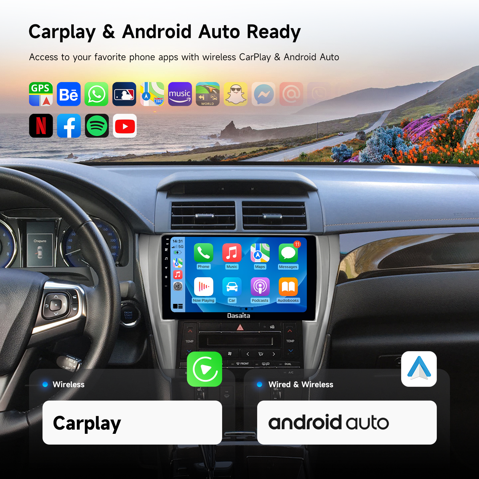 Dasaita Android13 Car Stereo for Toyota Camry 2015-2017 Wireless Carplay & Android Auto Car Radio | Qualcomm 665 | 10.2" QLED Screen | Wifi+4G LTE | 6G+64G| DTS|GPS Navigation Head Unit | Optical Output