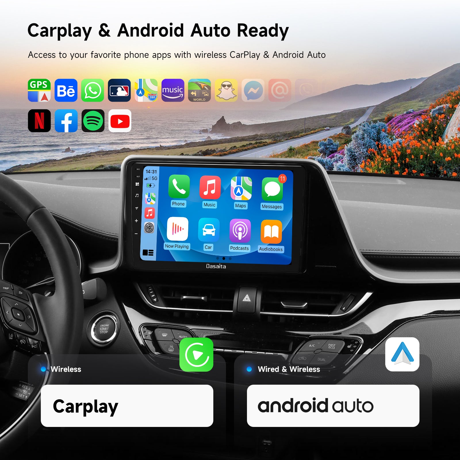 Dasaita Android 13 Car Stereo for Toyota C-HR 2016-2020 | 9" Wireless CarPlay Android Auto Head Unit | Qualcomm 665 GPS Navigation Radio | 6G/8G RAM 64G/256G ROM