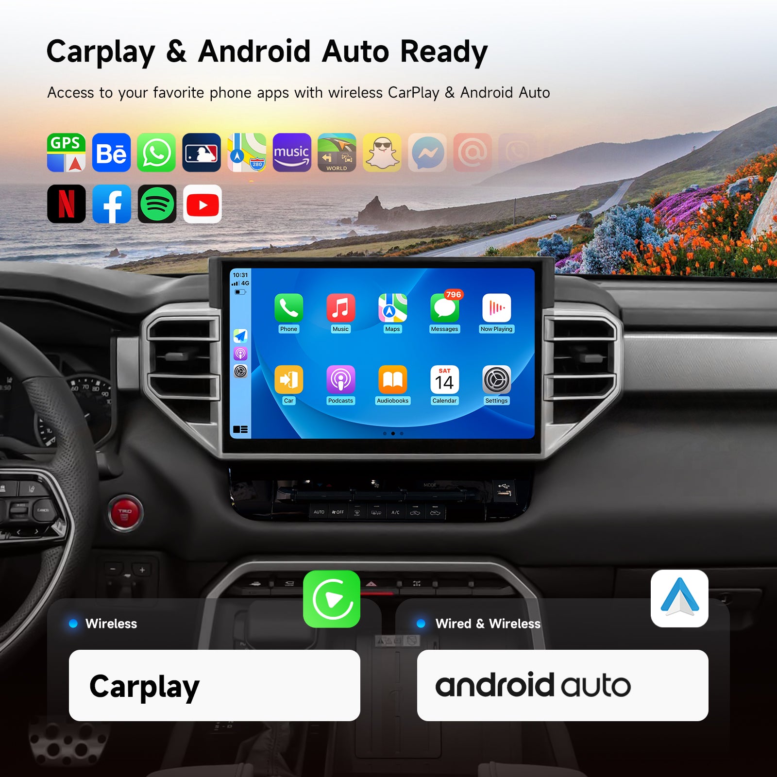 Dasaita for 2022-2025 Toyota Tundra Android 13 Car Stereo | Wireless CarPlay & 14" QLED Touchscreen | 4G LTE & 8GB RAM for Off-Road Audio|AHD Camera