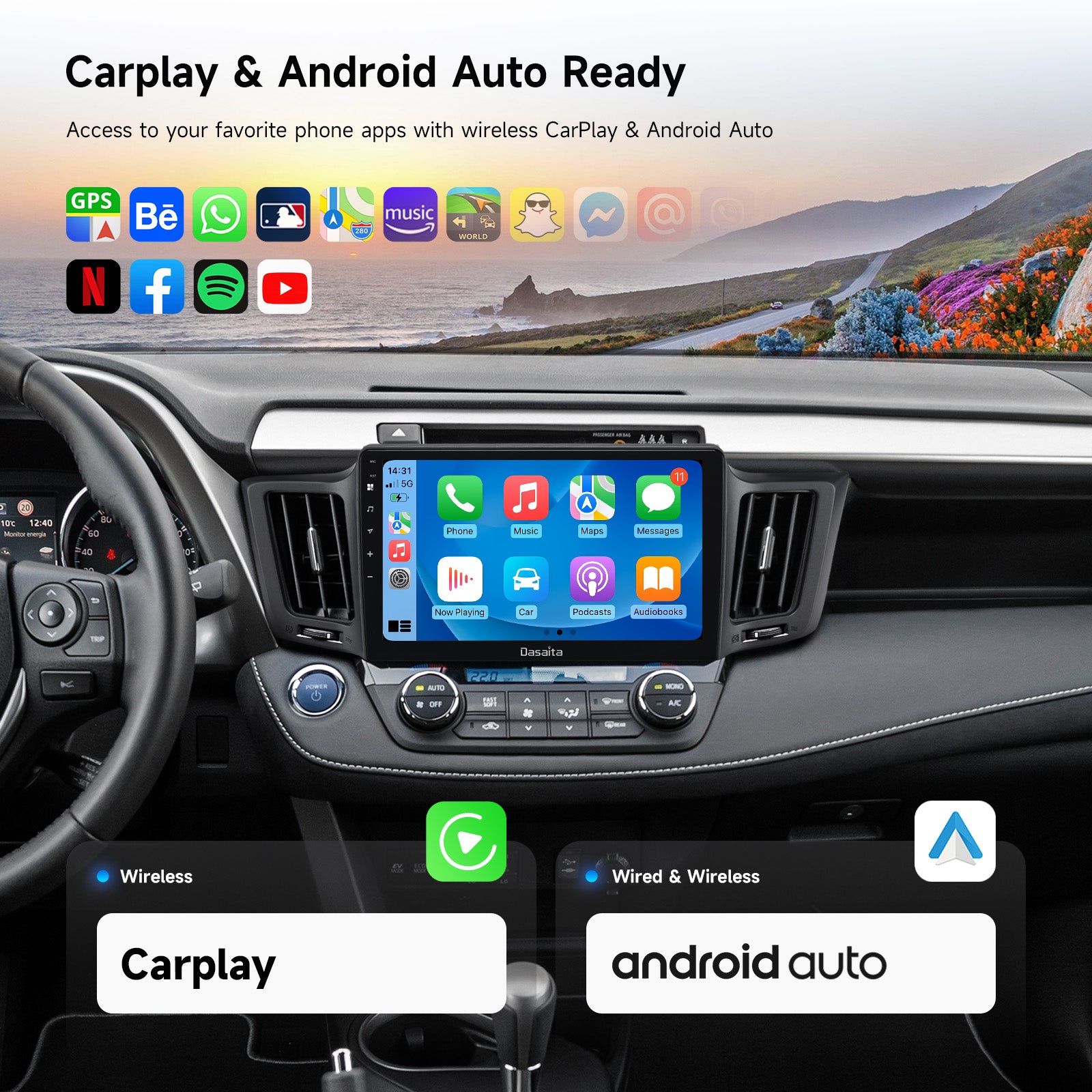 Dasaita Android 13 Car Stereo for Toyota RAV4 2013-2018 | Wireless CarPlay Android Auto | 10.2" QLED Screen GPS Navigation Head Unit