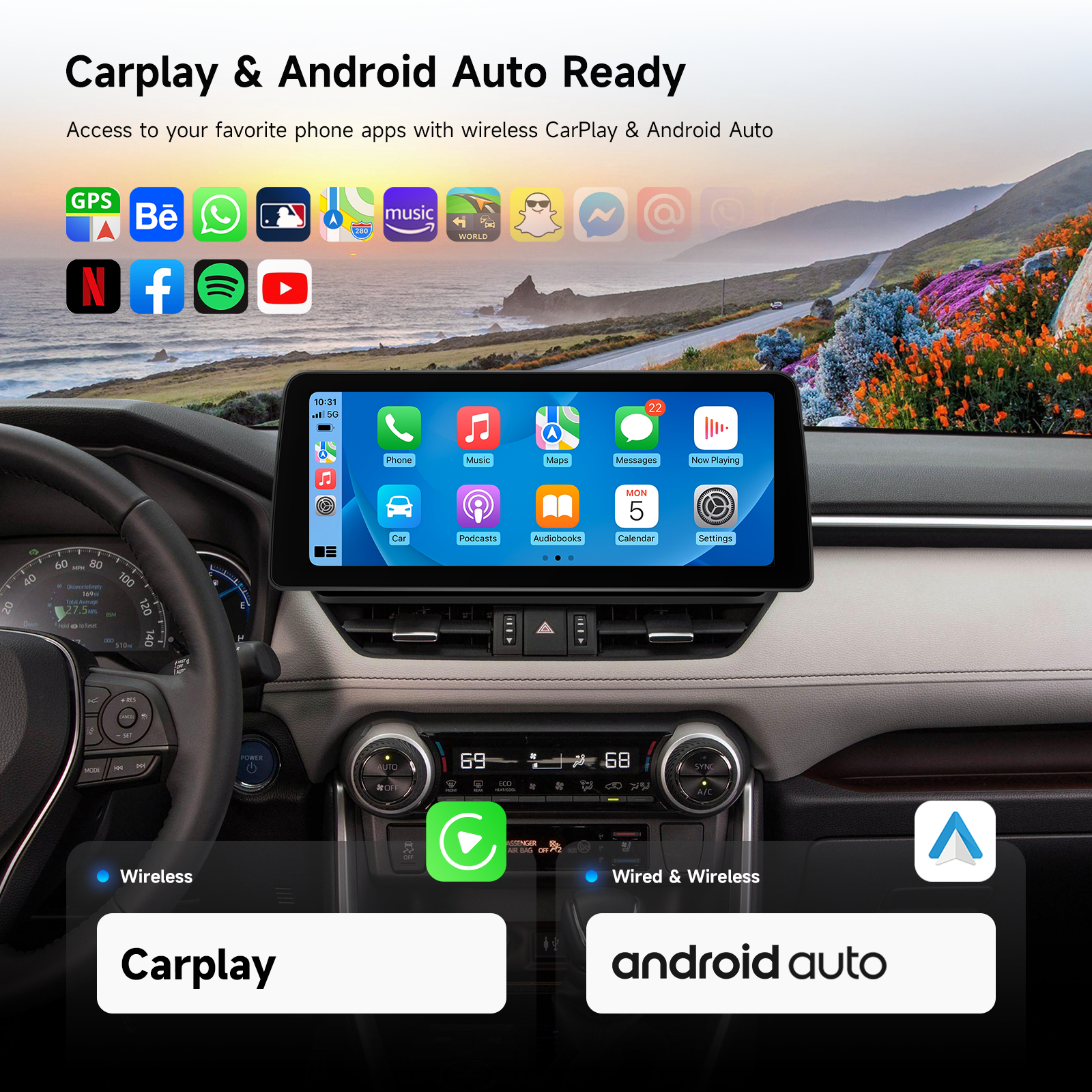 Dasaita Android13 Car Stereo for Toyota RAV4 2019 2020 2021 2022 Wireless Carplay & Android Auto Car Radio | Qualcomm 665 | 12.3" QLED 2K Screen | Wifi+4G LTE | 8+256 | DTS|GPS Navigation Head Unit | Optical Output