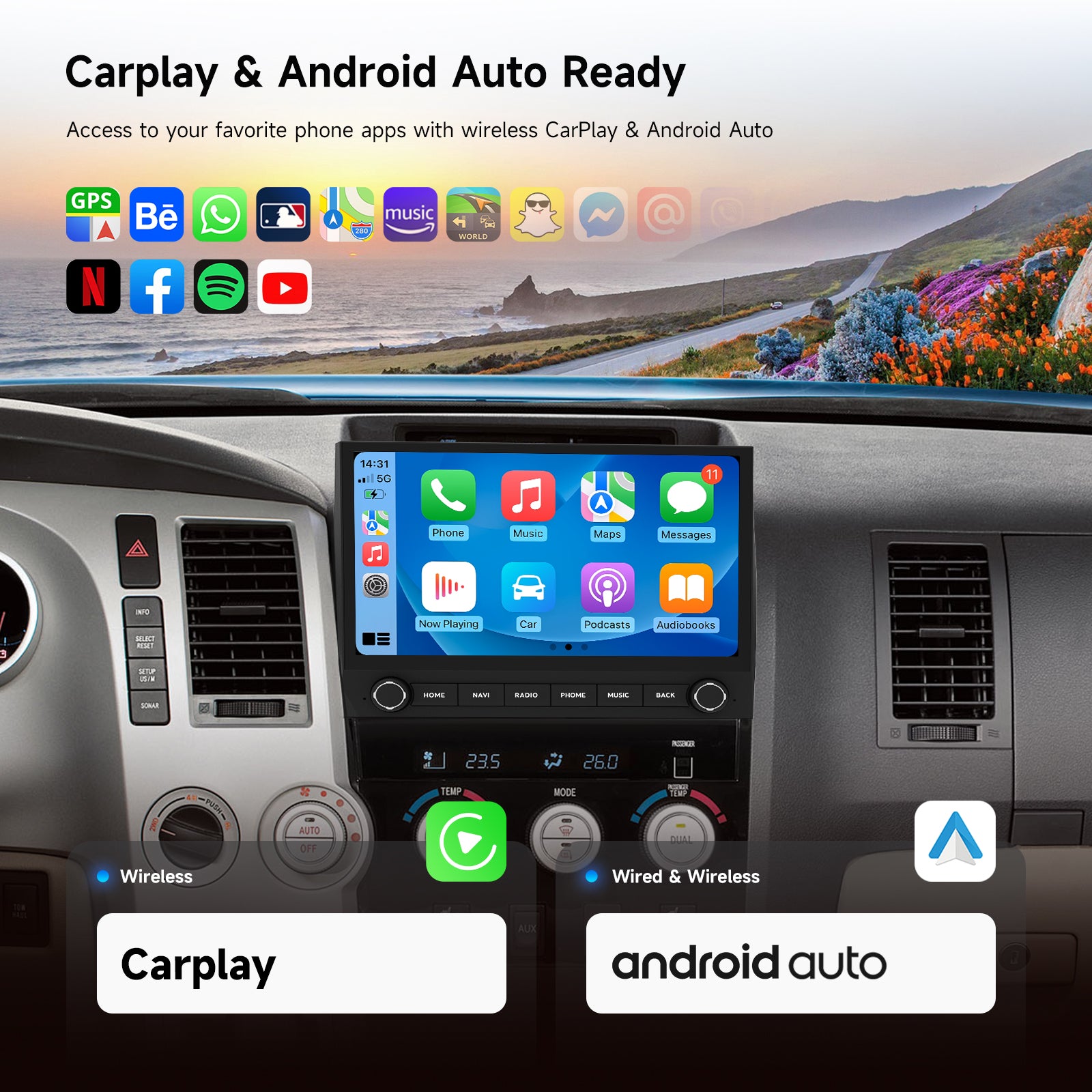 Wireless Apple CarPlay interface on 11.6 inch screen in a Toyota Tundra interior