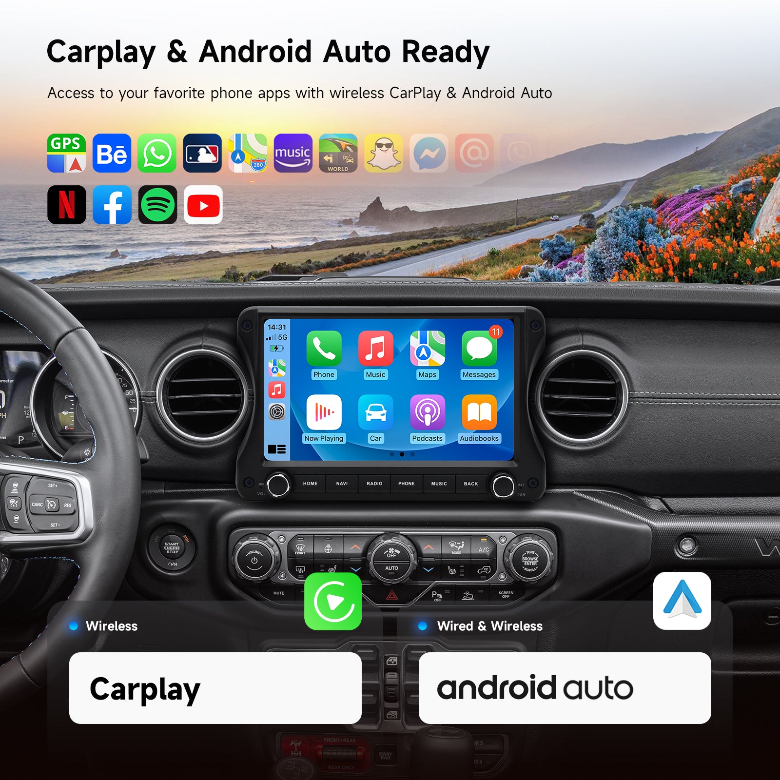 Dasaita 10.2" QLED Car Stereo for Jeep Wrangler JL 2018-2022 & Gladiator JT | OEM Style Design with Physical Knobs & Buttons | Wireless CarPlay Android Auto | Retains Factory AHD Backup Camera