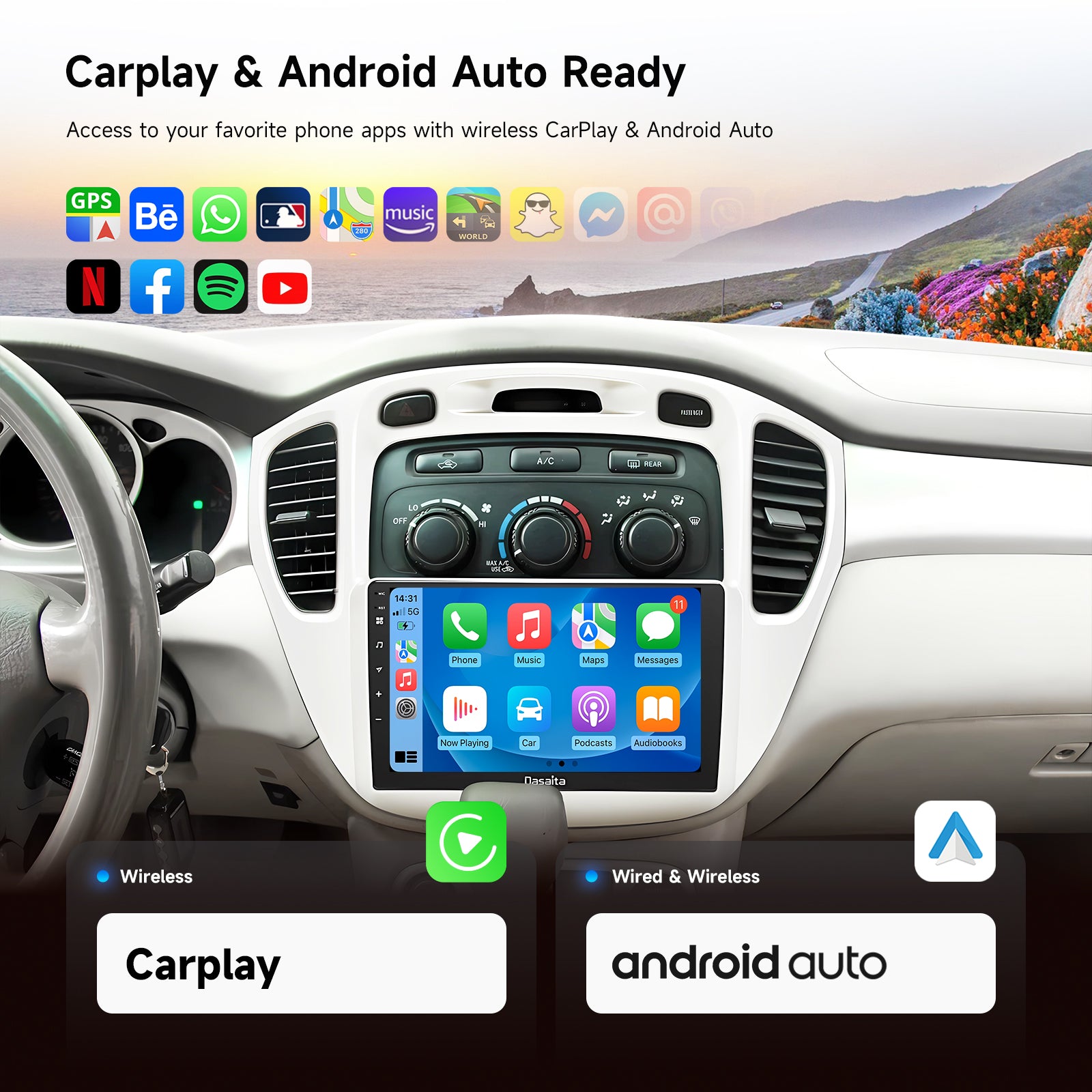 Dasaita Android13 Car Stereo for Toyota Highlander 2000-2006 Wireless Carplay & Android Auto Car Radio | Qualcomm 665 | 9" QLED Screen | Wifi+4G LTE | 6G+64G | DTS|GPS Navigation Head Unit | Optical Output