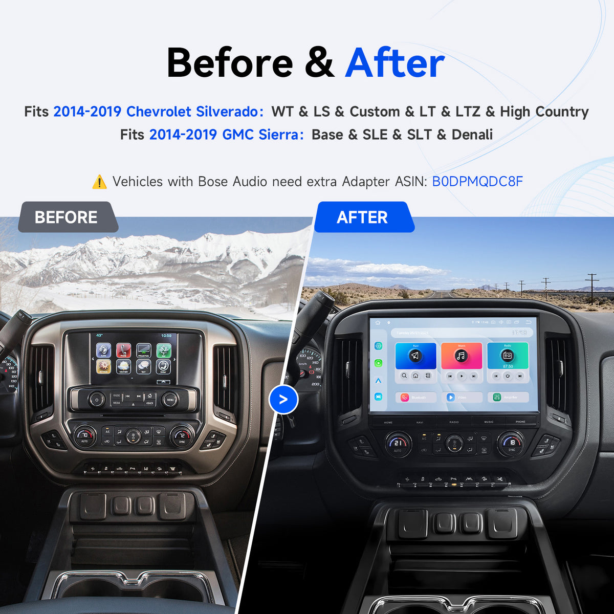 Chevrolet Silverado GMC Sierra factory radio before and after Dasaita 13.3 inch upgrade