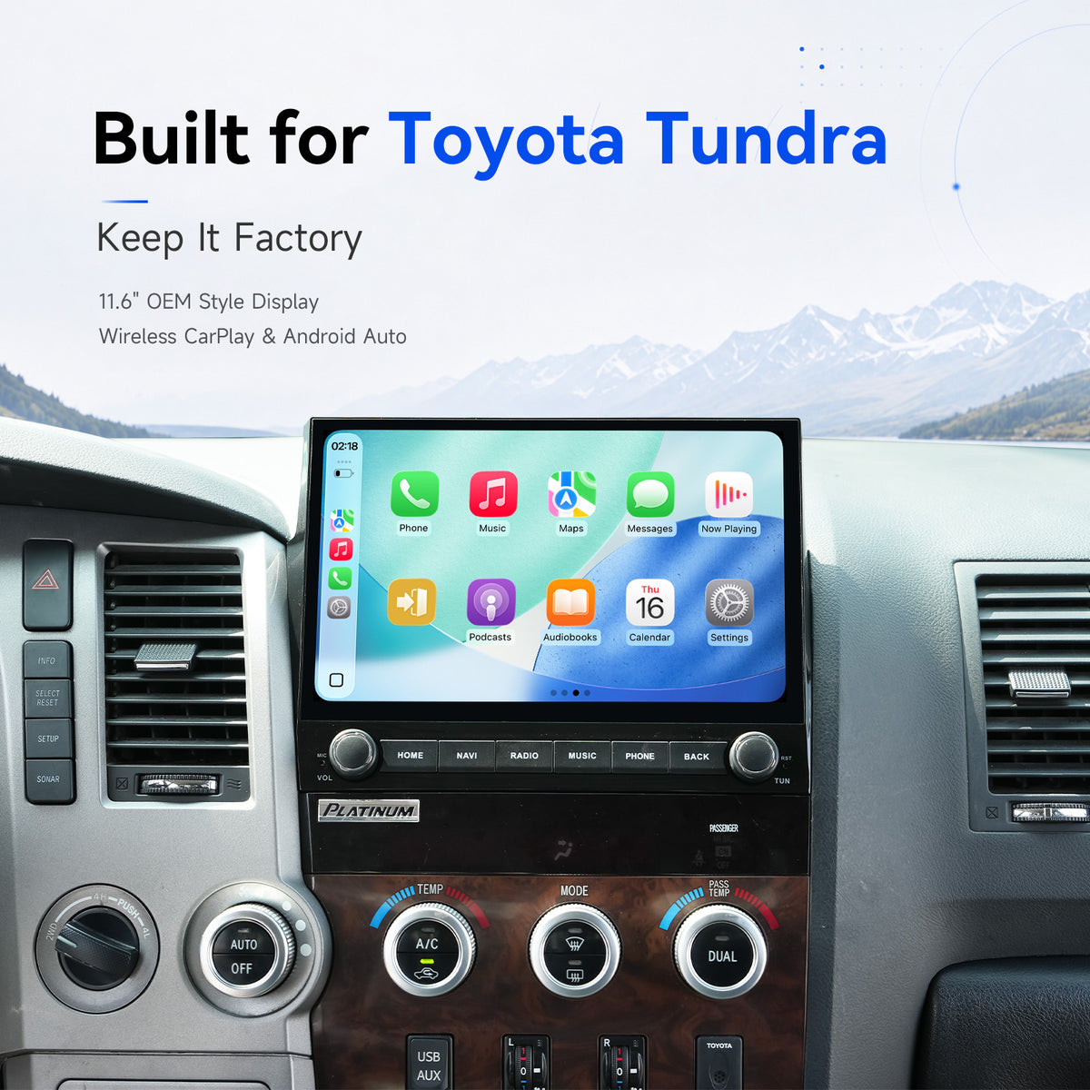 Dasaita 11.6-inch Android stereo installed in a Toyota Tundra dashboard, showing the touchscreen and physical controls.