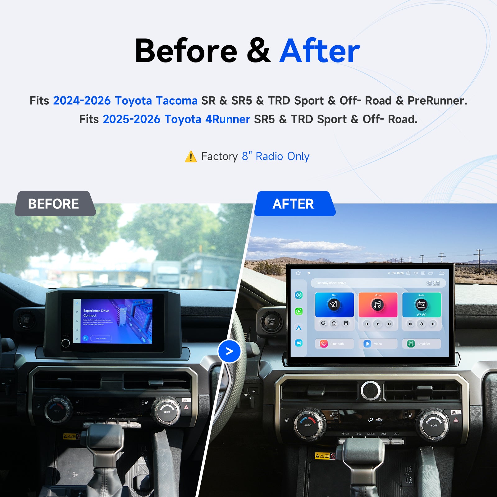 Dasaita 14'' head unit installed in 2024 Toyota Tacoma dashboard – plug and play upgrade