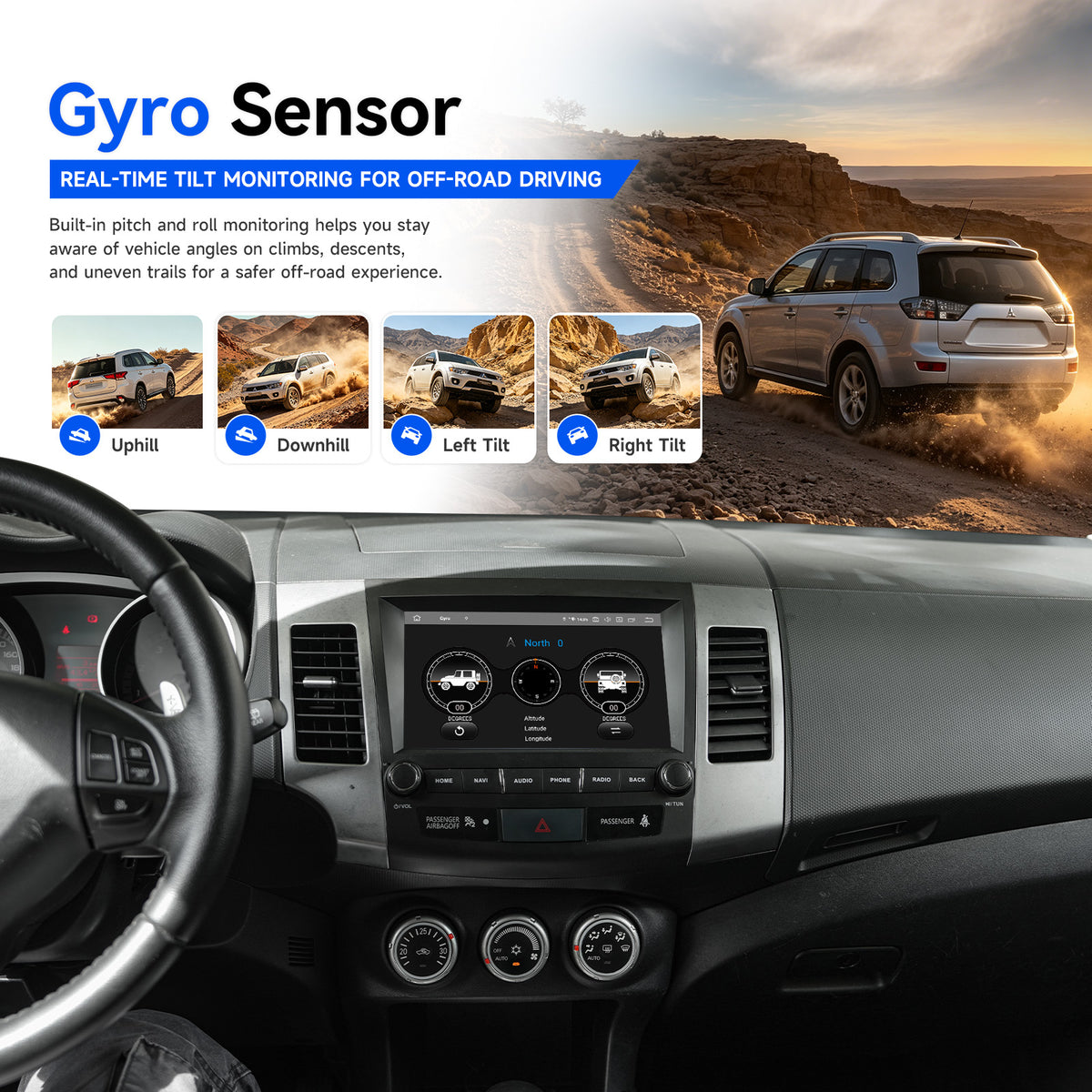 Dasaita gyro interface displaying vehicle pitch and roll