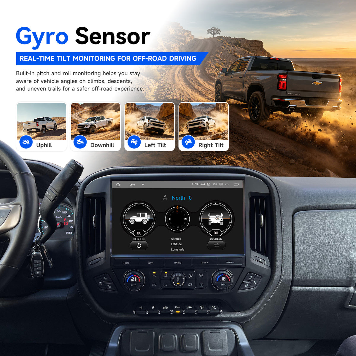 Gyro sensor with real-time tilt monitoring on Dasaita Silverado Sierra head unit