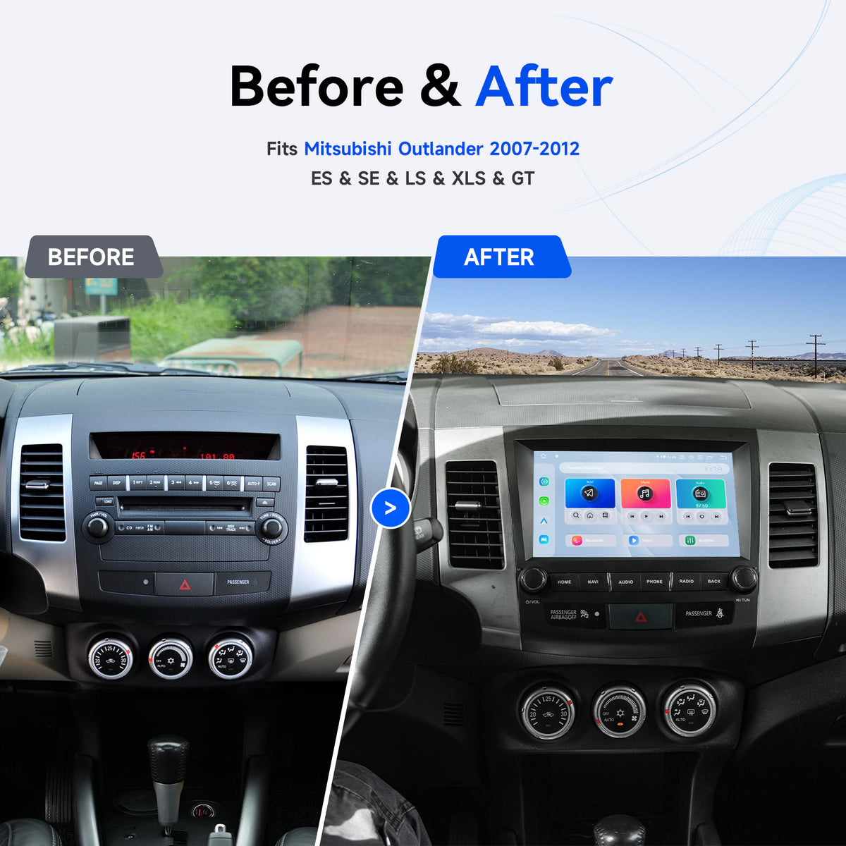 Mitsubishi Outlander factory radio beside the installed Dasaita stereo