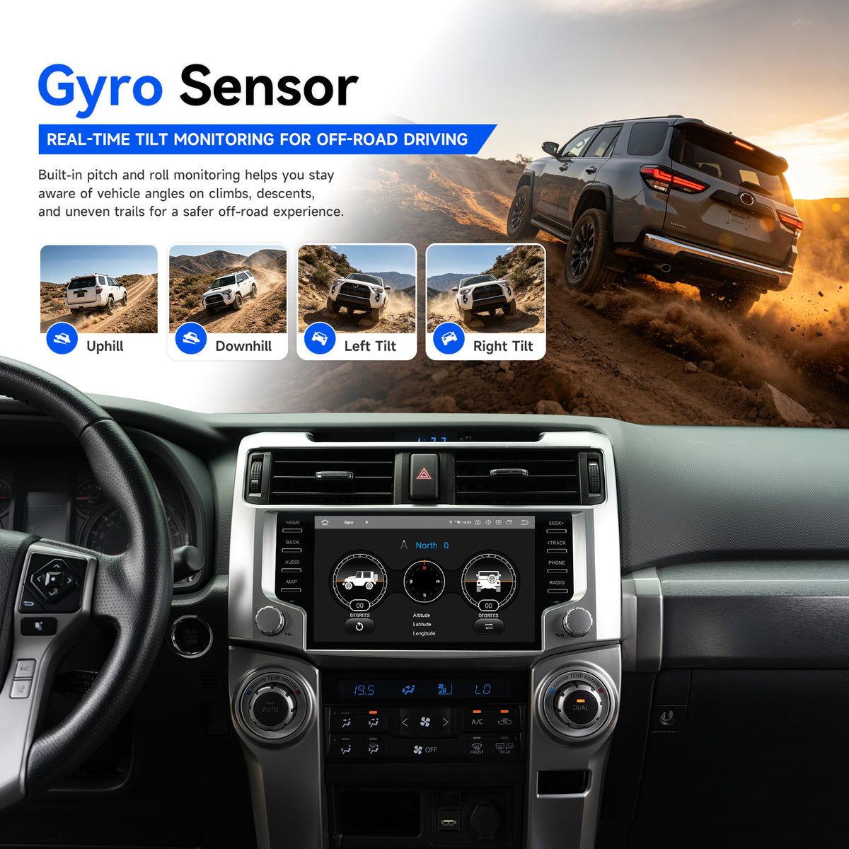 Off-road inclinometer with pitch and roll display on Dasaita Toyota 4Runner head unit