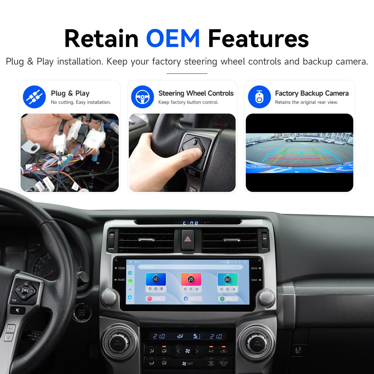 Silver Toyota 4Runner plug and play stereo with steering wheel controls and factory backup camera retention