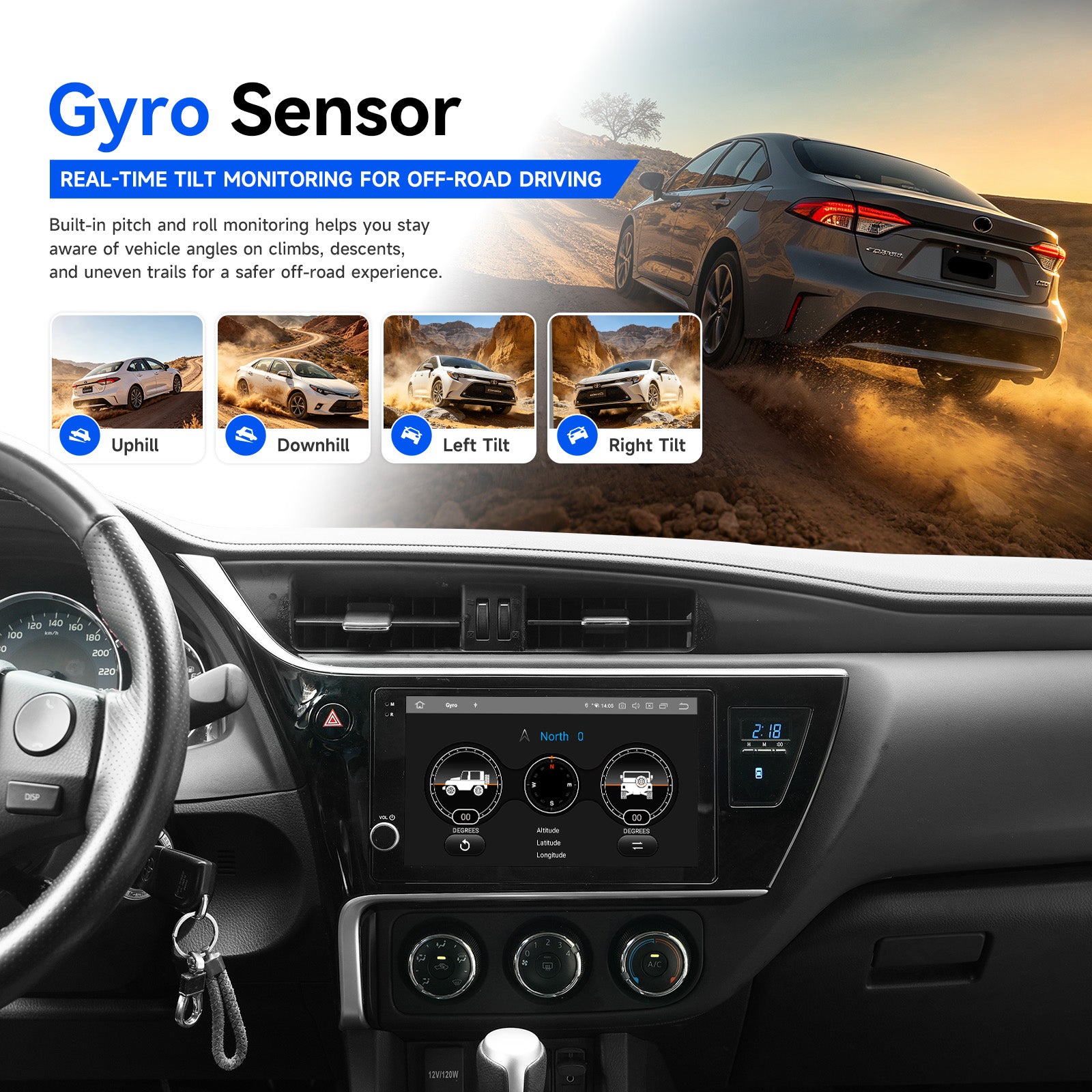 gyro sensor, off-road, tilt monitoring, Toyota head unit