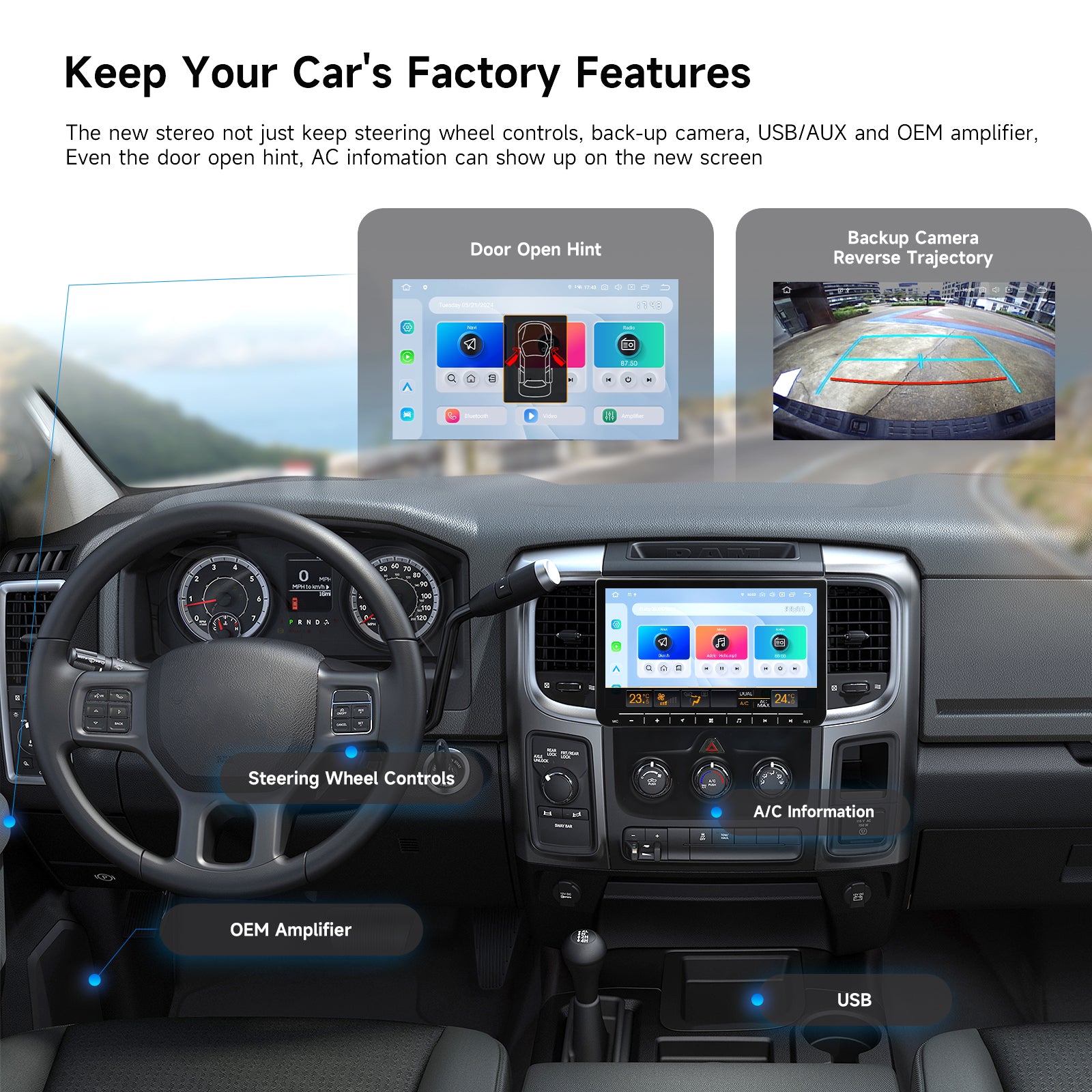 Dasaita Android 13 2013-2024 Dodge RAM 1500/2500/3500 Android Head Unit | 10.2" Touchscreen Radio with Auto/Manual AC Frame & Wireless CarPlay