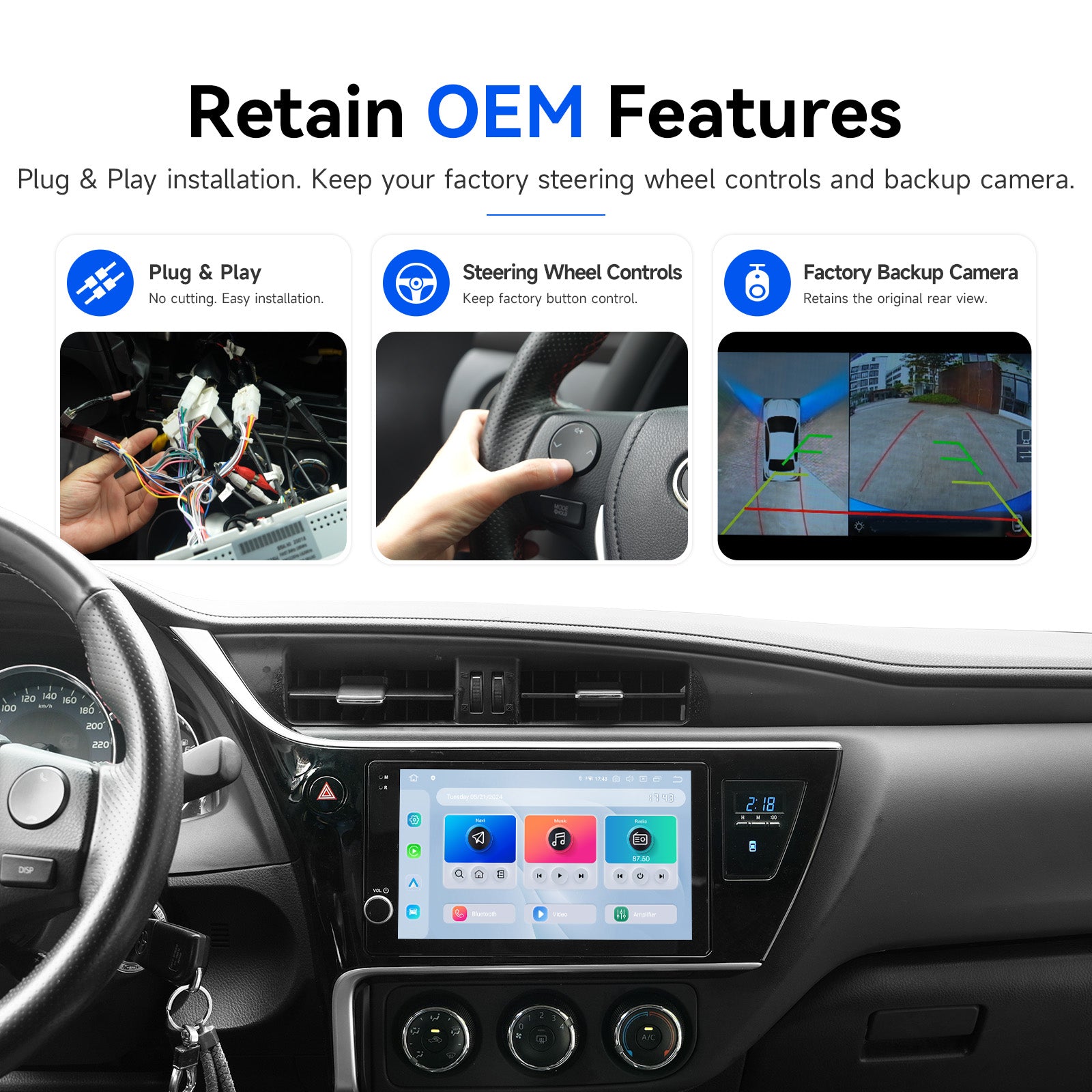 steering wheel controls, backup camera, no wire cutting