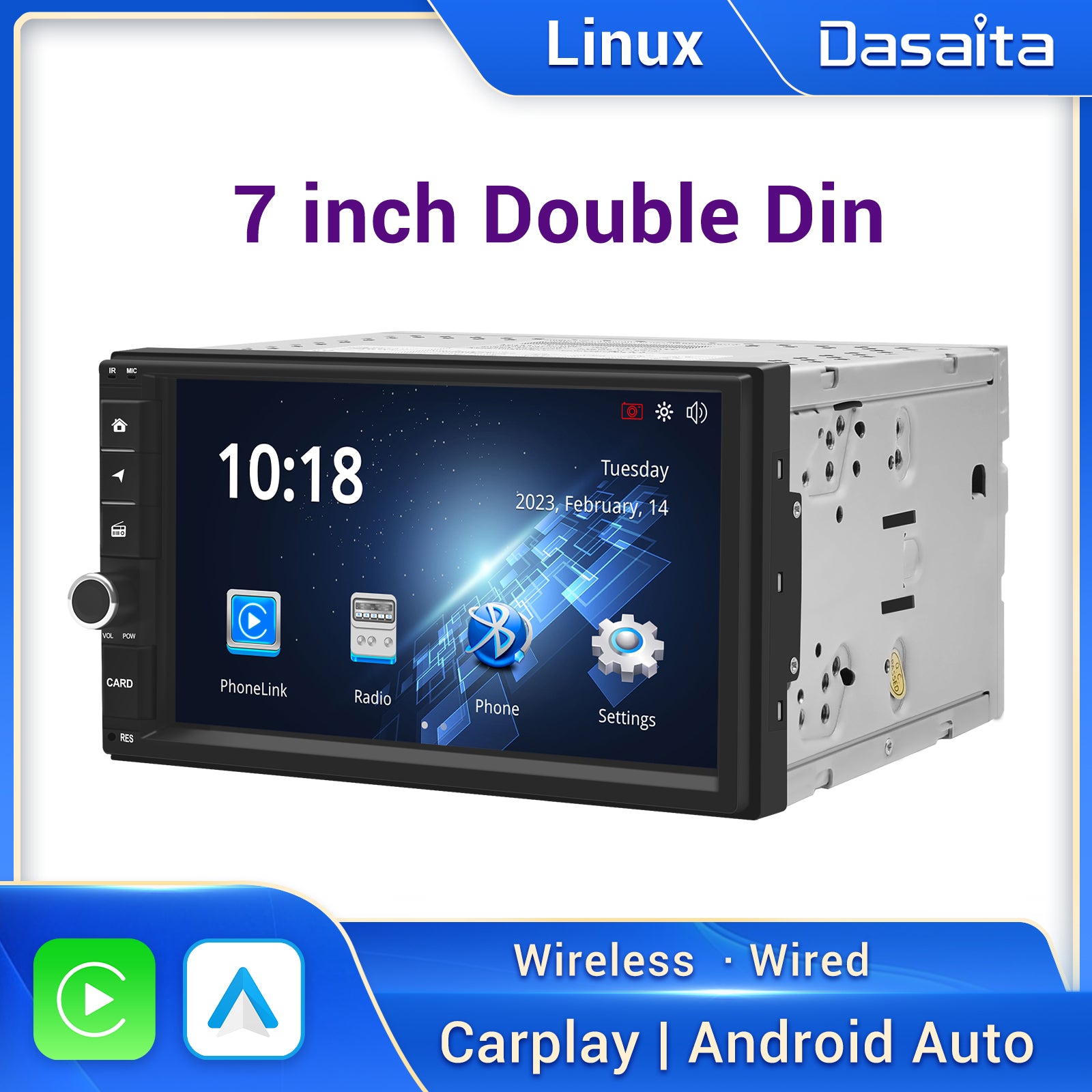 Dasaita Linux Universal 2 Din Car Stereo 7 Inch Wireless Wired Carplay