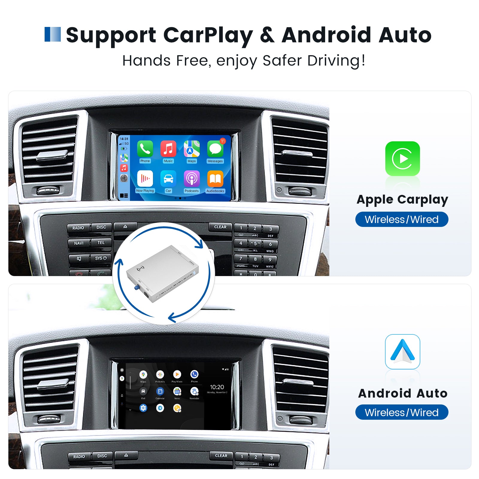 Dasaita Mercedes-Benz A-Class W176 B-Class W246 C-Class W204 E-Class W212 CLA C117 GLA X156 CLS W218 GLK X204 SLK R172 ML&GL W166 CarPlay & Android Auto Integration Kit Retrofit Interface ( Wired & Wireless )