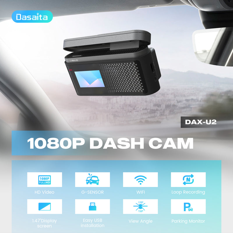 Dasaita USB DVR On-Dash Camera Built-in WiFi,1.47" 1080P HD Loop Recording Dash Camera,Car Driving Recorder with 32GB SD Card,170° Wide Angle,G-Sensor,Packing Monitor,Night Vision