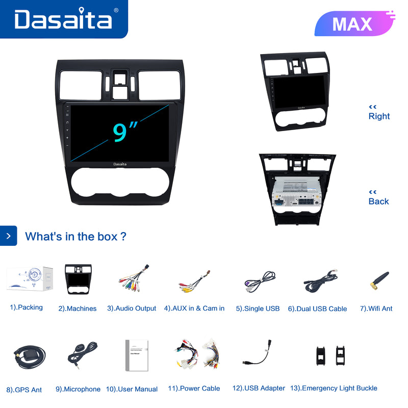 Dasaita MAX11 Subaru Forester 4 Impreza WRX 2012 2013 2014 2015 Car Stereo 9 Inch Carplay Android Auto PX6 4G+64G Android11 1280*720 DSP AHD Radio