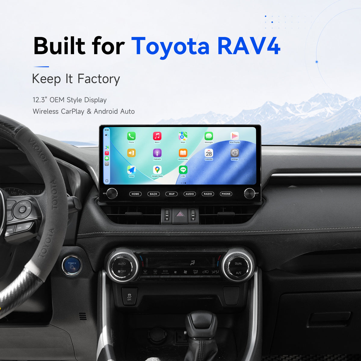 12.3-inch Dasaita stereo installed in a Toyota RAV4 with OEM-style trim and physical controls.