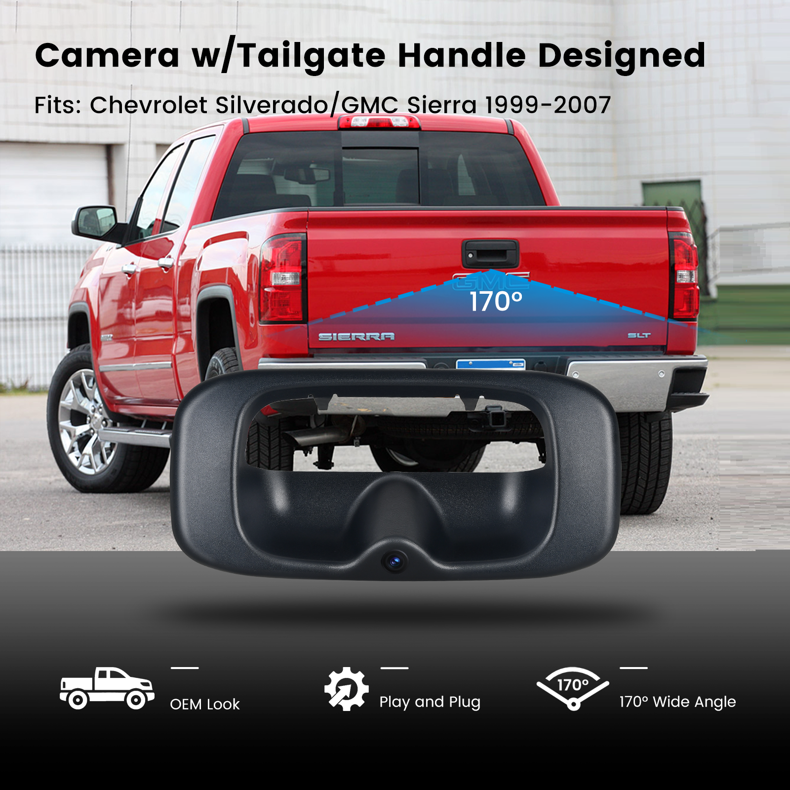 Dasaita Tailgate Handle Reverse Camera, Fit for Chevrolet Silverado/GMC Sierra 1999-2007 OEM Replacement, AHD 1080P Rear View Camera Backup Camera with Wiring Harness, 170° Wide Angle, IP68 Waterproof