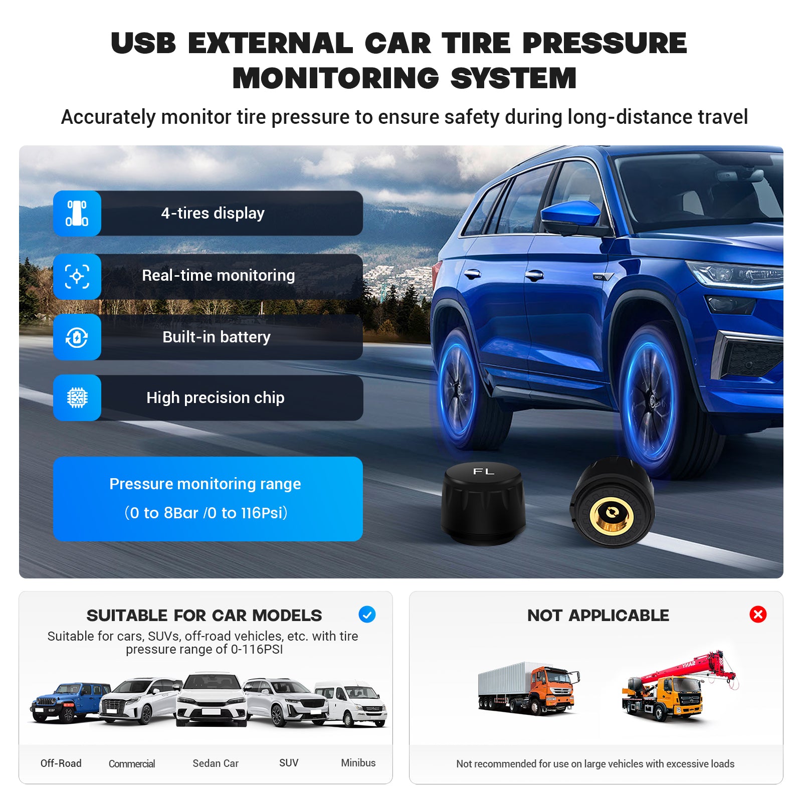 Dasaita USB TPMS APP good quality Car Tire Pressure Monitoring Sensor external system real time for Android car stereo player Accessory