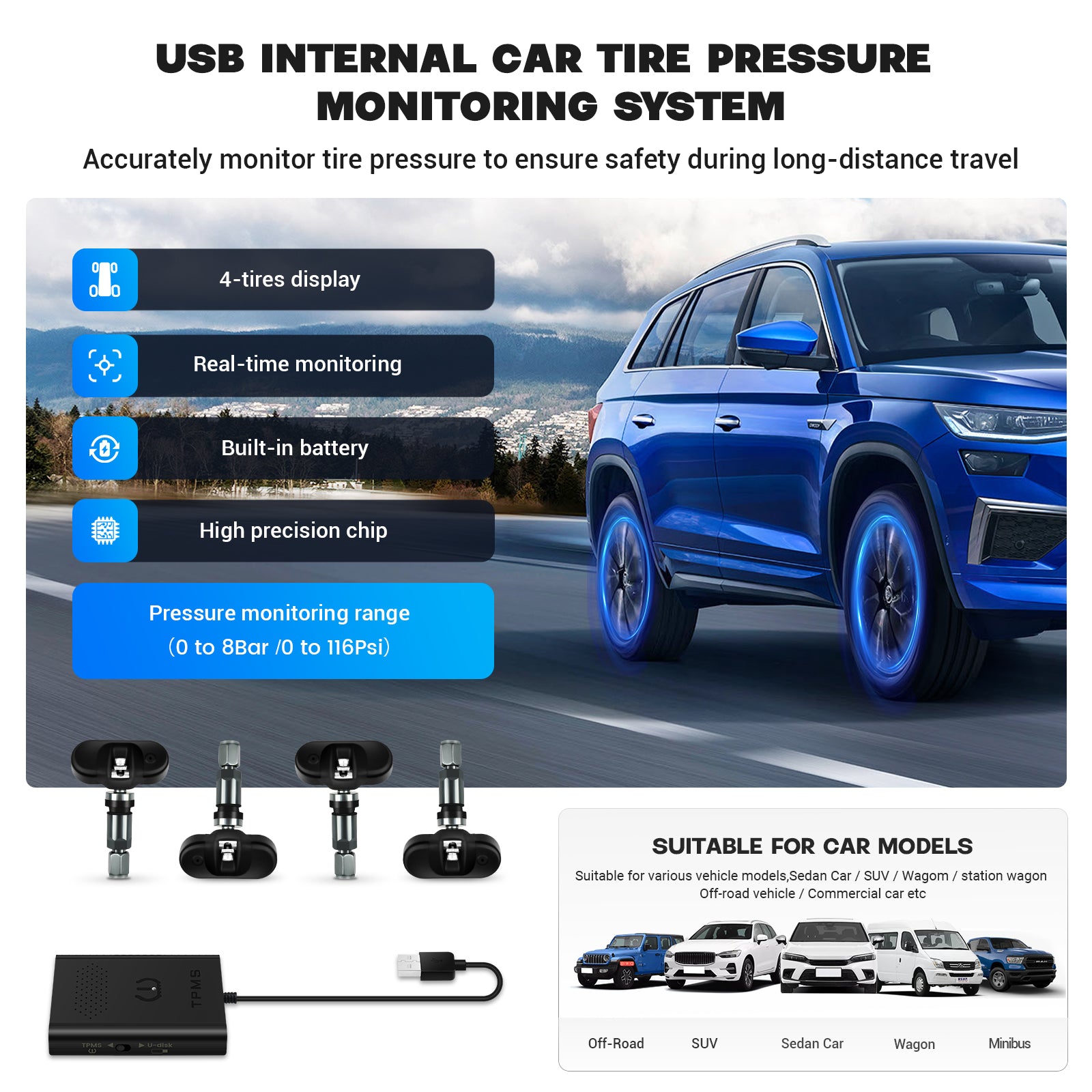 Dasaita USB TPMS APP good quality Car Tire Pressure Monitoring Sensor external system real time for Android car stereo player Accessory
