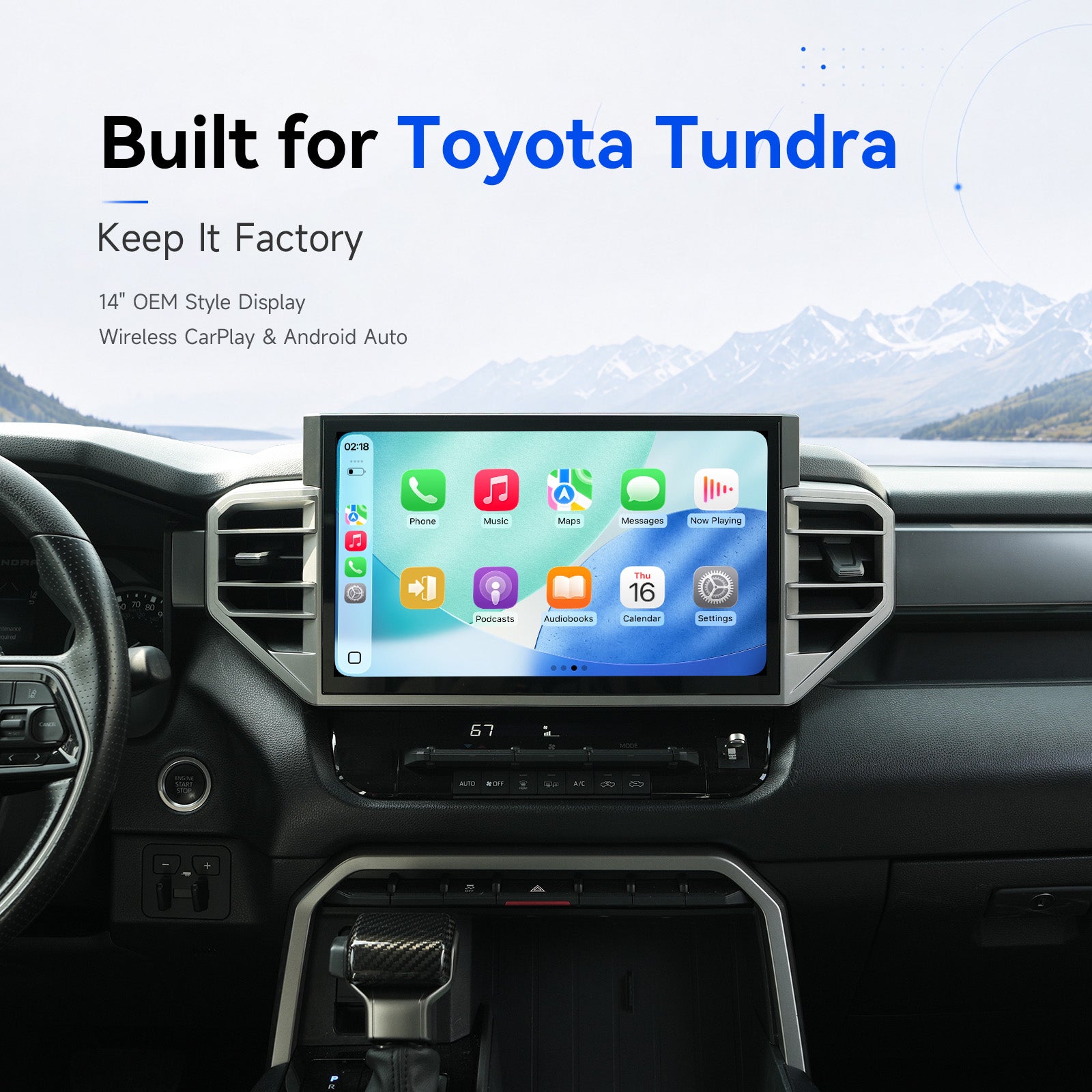  Dasaita 14-inch QLED head unit for Toyota Tundra side angle view showing slim profile and screen clarity