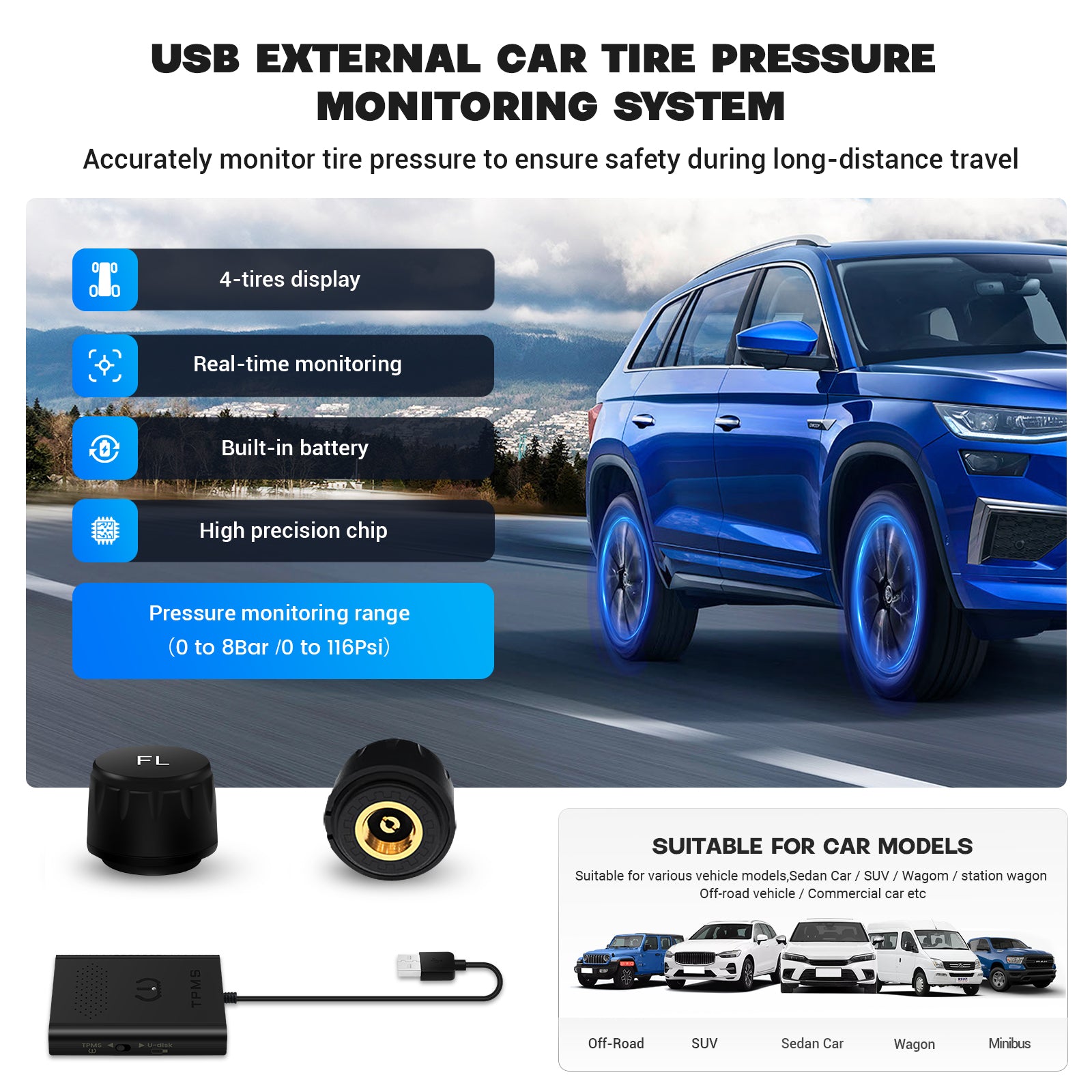 Dasaita USB TPMS APP good quality Car Tire Pressure Monitoring Sensor external system real time for Android car stereo player Accessory