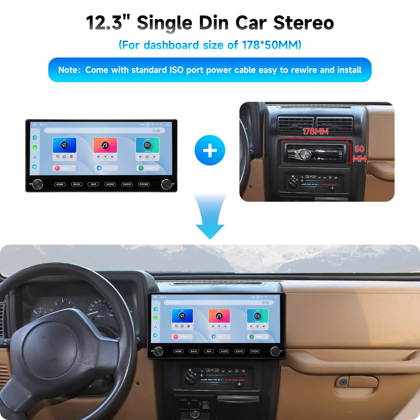 Dasaita 12.3" Single DIN Car Stereo with Physical Knob, Adjustable Floating Screen, Snapdragon 665 (6GB+64GB), Wireless CarPlay & Android Auto, 4G LTE Head Unit