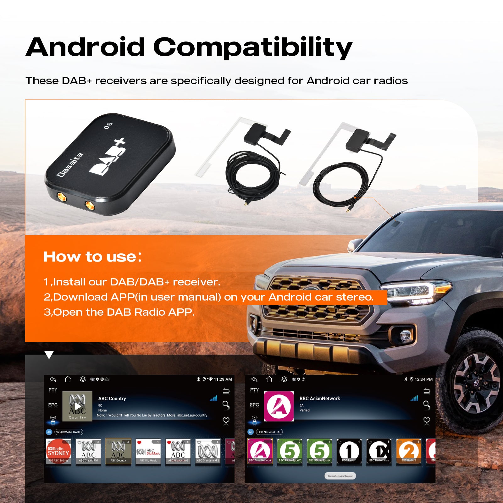 Dasaita Europe USB DAB Universal Extension Antenna Dual Receiver Adapter External Car Kit Digital Audio Broadcast DAB DAB+ Radio Antenna for Universal Android Car Radio Accessory