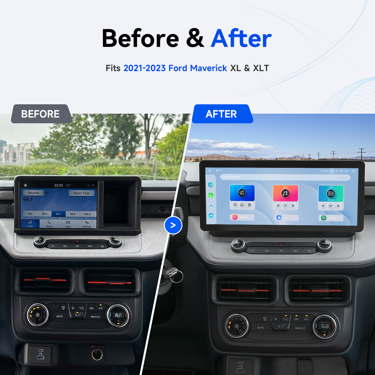 Ford Maverick 2021-2023 stereo before and after upgrade – factory radio vs Dasaita 12.3 inch Android head unit