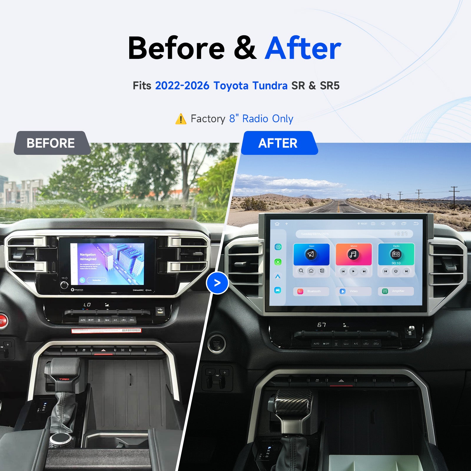Dasaita Tundra before and after upgrade factory 8-inch vs 14-inch QLED Android for 2022-2026 Tundra SR SR5