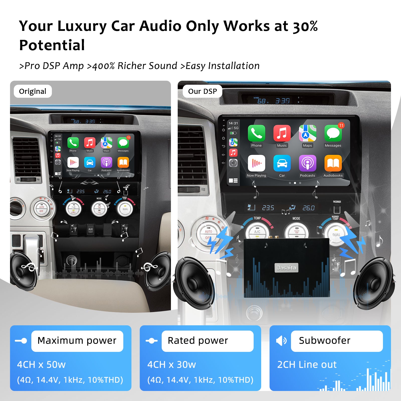 Dasaita HA-ST5 Plug & Play 4-Channel Car DSP Amplifier - High Power, Bluetooth Audio, Extreme Temp Resistance, Customizable Sound for Premium In-Car Audio
