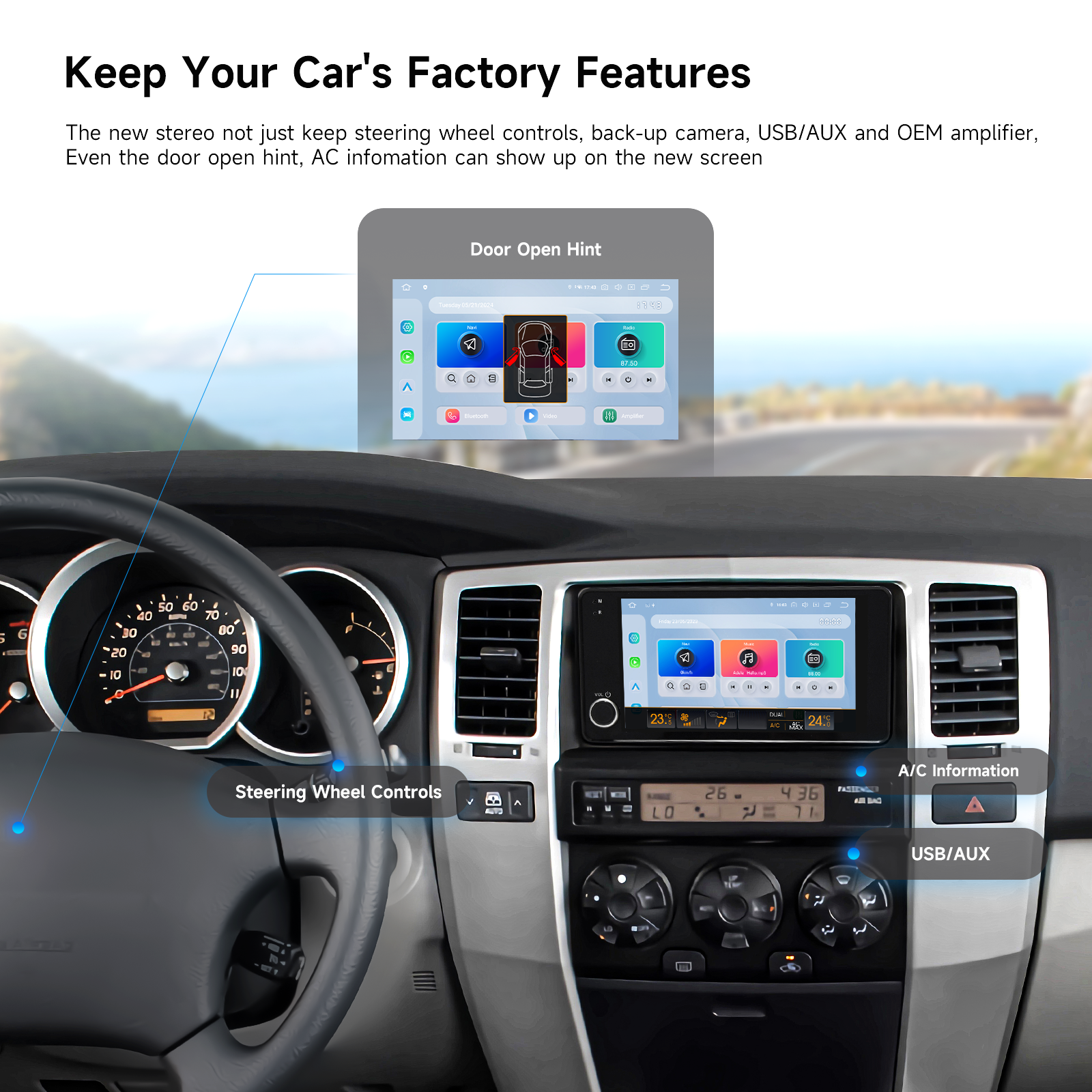Dasaita OEM Style Double Din Android 13 Radio for Toyota Highlander / 4Runner / FJ Cruiser / RAV4 – Plug & Play, Physical Knobs, Wireless CarPlay & Android Auto