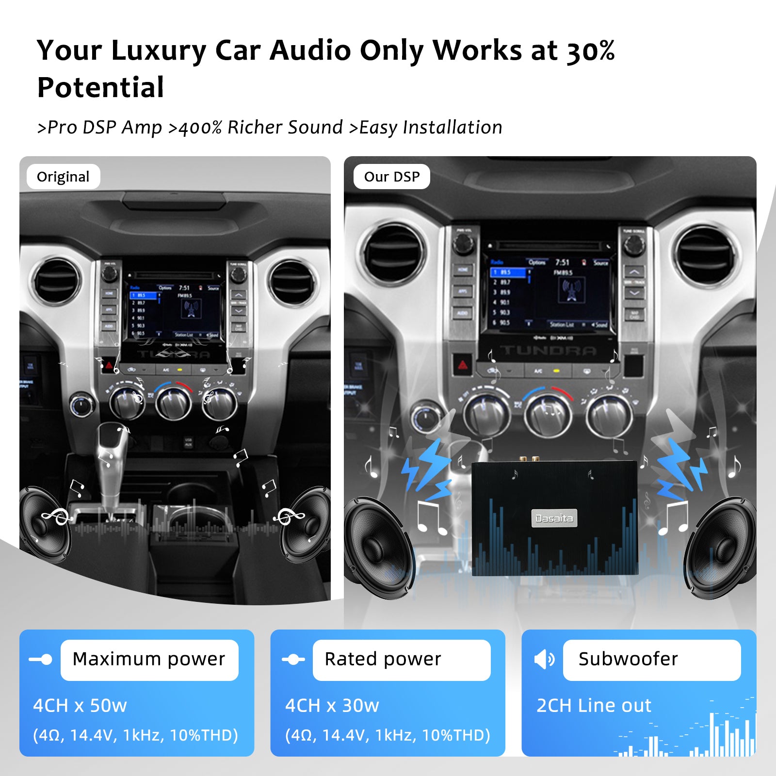Dasaita HA-ST5 Plug & Play 4-Channel Car DSP Amplifier - High Power, Bluetooth Audio, Extreme Temp Resistance, Customizable Sound for Premium In-Car Audio