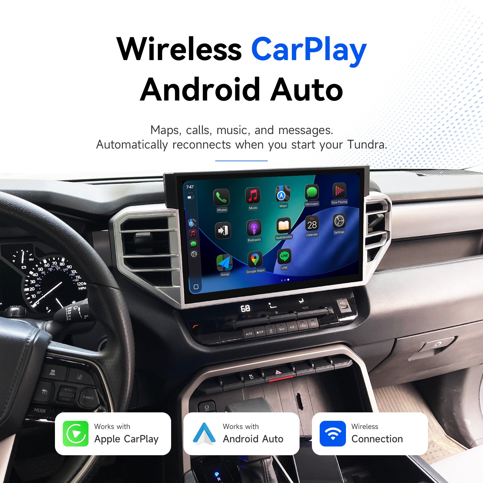Dasaita Toyota Tundra wireless CarPlay Android Auto maps calls music messages interface