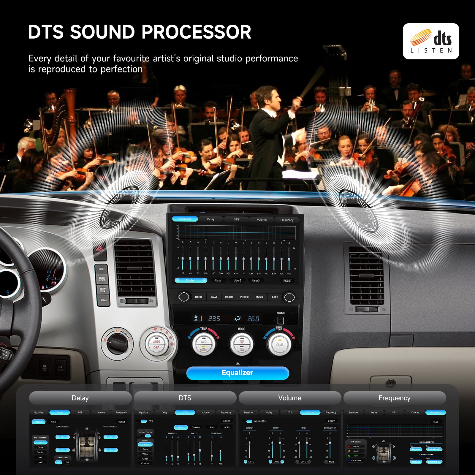 DTS sound settings with 15-band EQ on TDA7808 power amplifier car stereo.